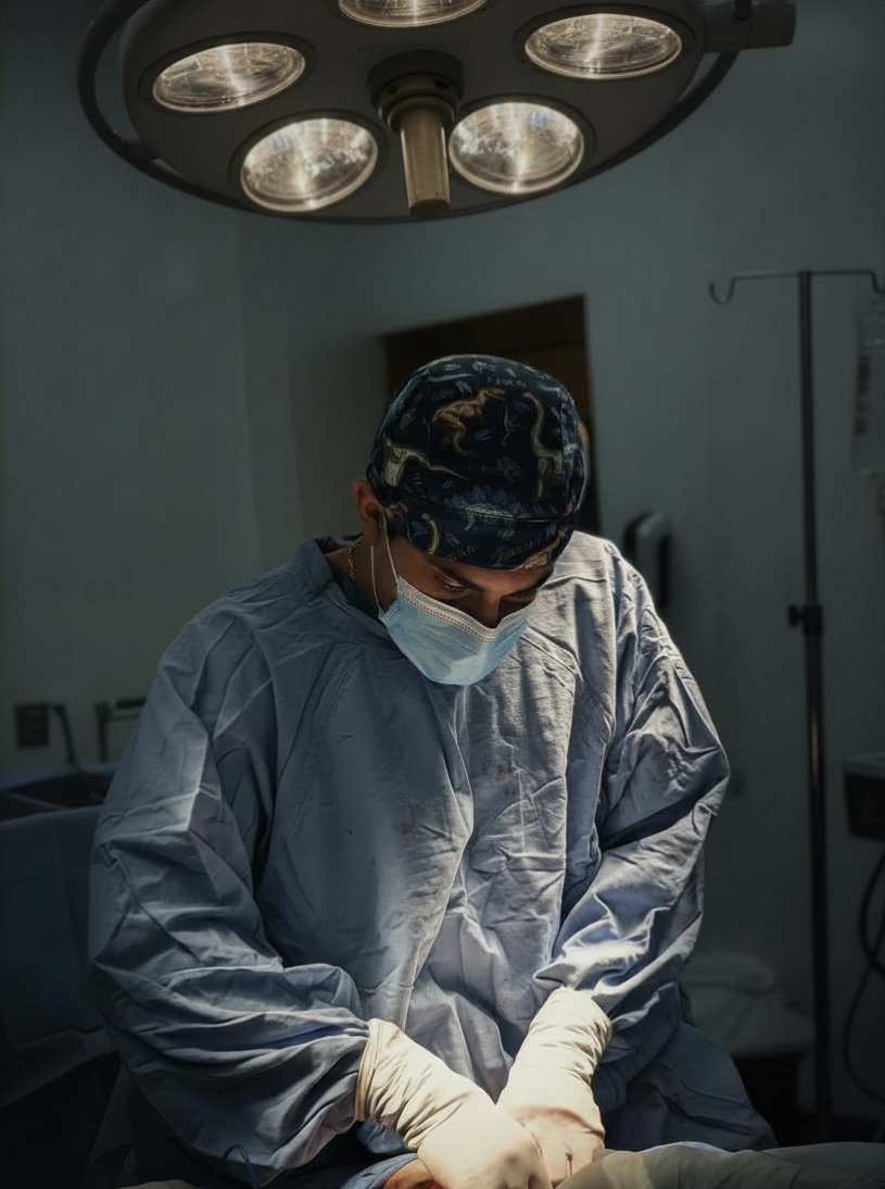 Dr. Huber Díaz operando bajo lámpara quirúrgica